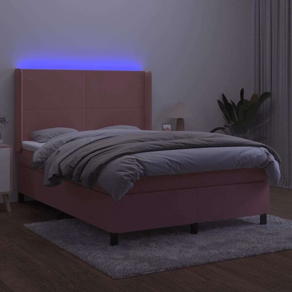 VidaXL rózsaszín bársony rugós és LED-es ágy matraccal 140x190 cm