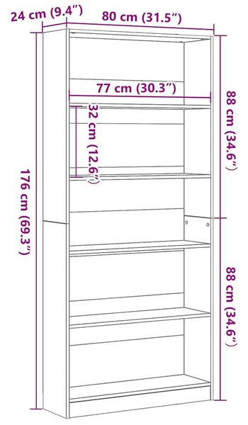 Fekete tölgy szerelt fa könyvespolc 80x24x176 cm