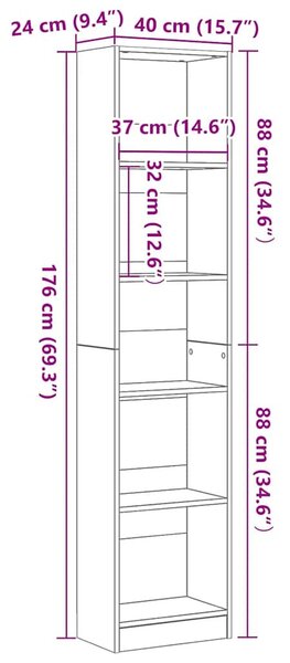 Fekete tölgy szerelt fa könyvespolc 40x24x176 cm