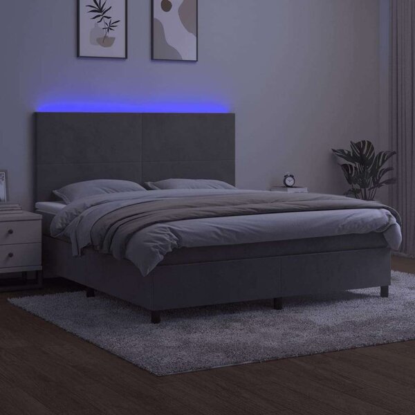 Világosszürke bársony rugós és led-es ágy matraccal 160x200 cm