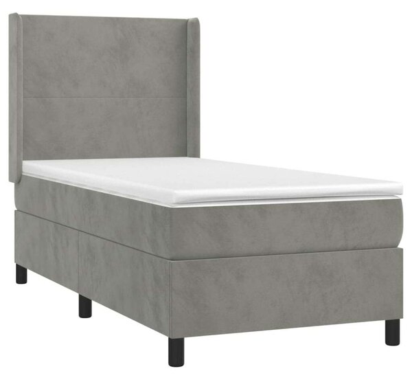 Világosszürke bársony rugós és led-es ágy matraccal 80 x 200 cm