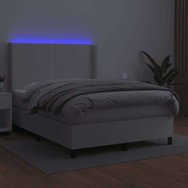 Fehér műbőr rugós ágy matraccal és led-del 140x190 cm