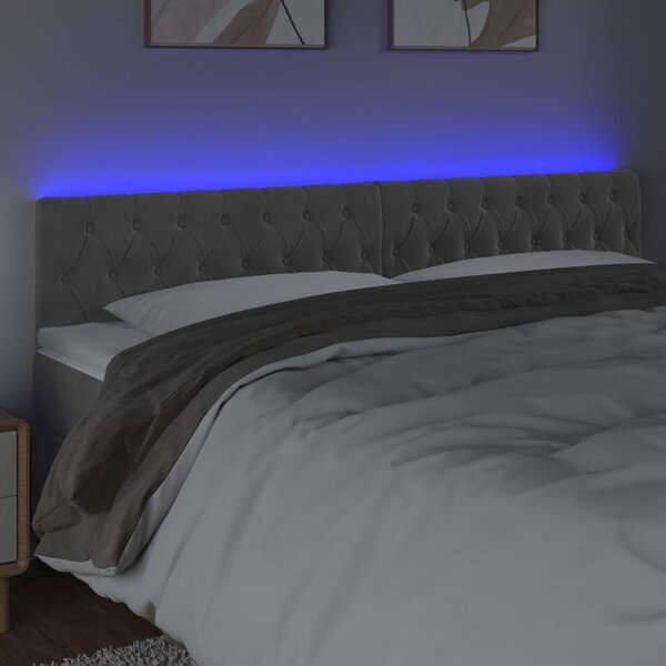 Világosszürke bársony led-es fejtámla 200 x 7 x 78/88 cm