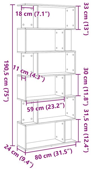 Fekete tölgy szerelt fa könyvespolc 80x24x190,5 cm