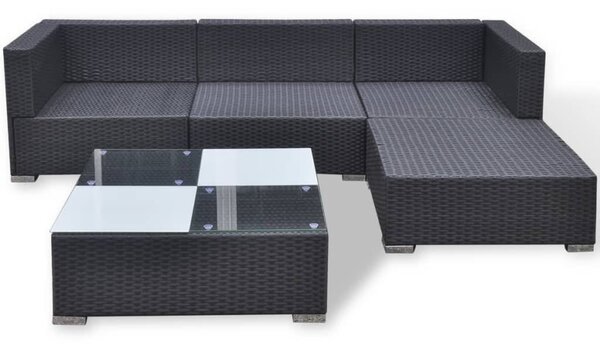 5-részes fekete polyrattan kerti bútorszett párnákkal