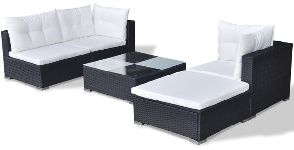 5-részes fekete polyrattan kerti bútorszett párnákkal