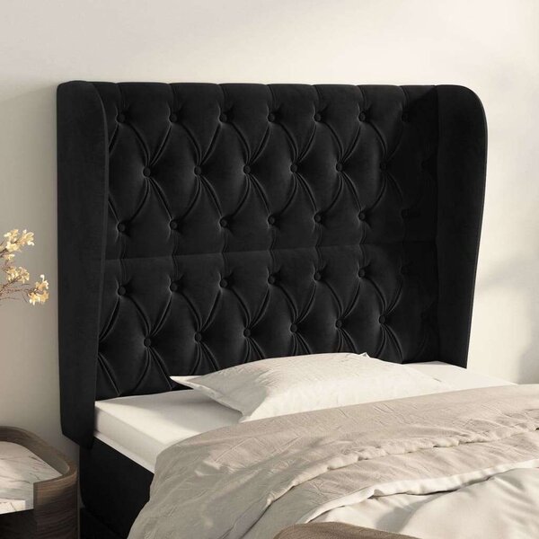 HomeElegance - Bársony Ágyfejtámla Szárnyakkal - Fekete - 103x23x118/128cm