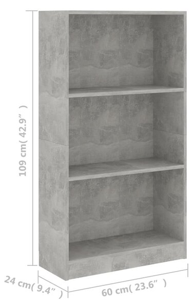 3 szintes betonszürke szerelt fa könyvszekrény 60x24x109 cm