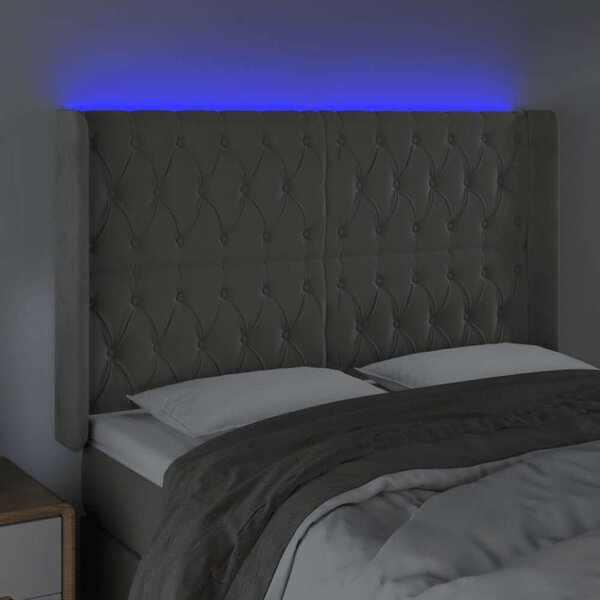 Világosszürke bársony led-es fejtámla 163x16x118/128 cm