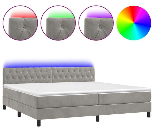 Világosszürke bársony rugós és led-es ágy matraccal 200x200 cm
