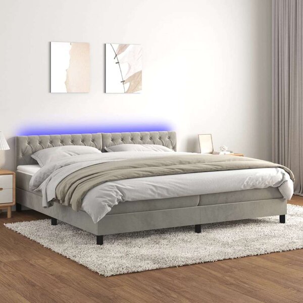 Világosszürke bársony rugós és led-es ágy matraccal 200x200 cm