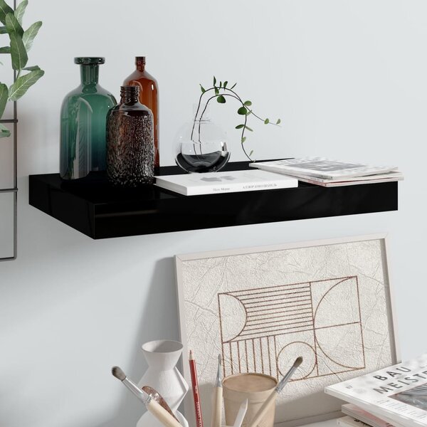 Magasfényű fekete MDF lebegő fali polc 40 x 23,5 x 3,8 cm