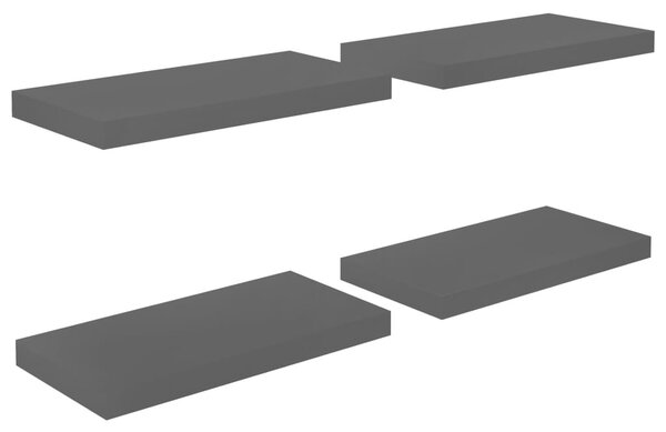 4 db magasfényű szürke MDF lebegő fali polc 50 x 23 x 3,8 cm