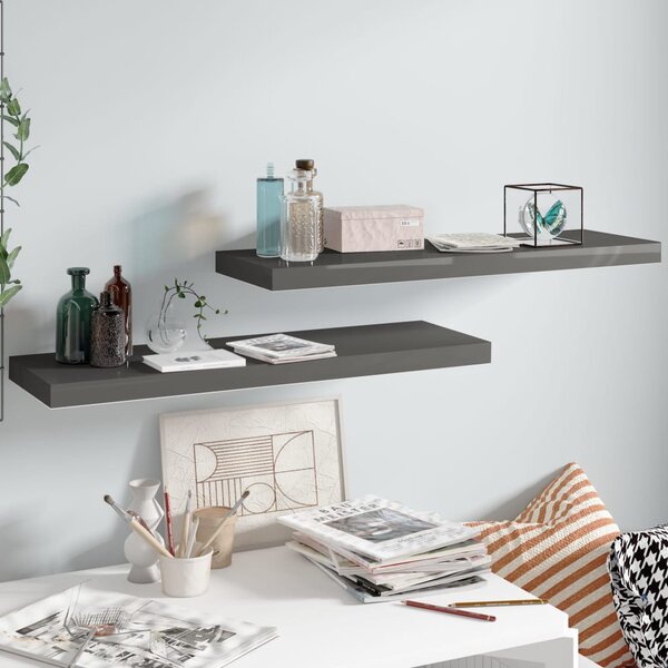 2 db magasfényű szürke MDF lebegő fali polc 80 x 23,5 x 3,8 cm