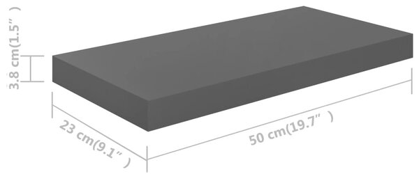 4 db magasfényű szürke MDF lebegő fali polc 50 x 23 x 3,8 cm
