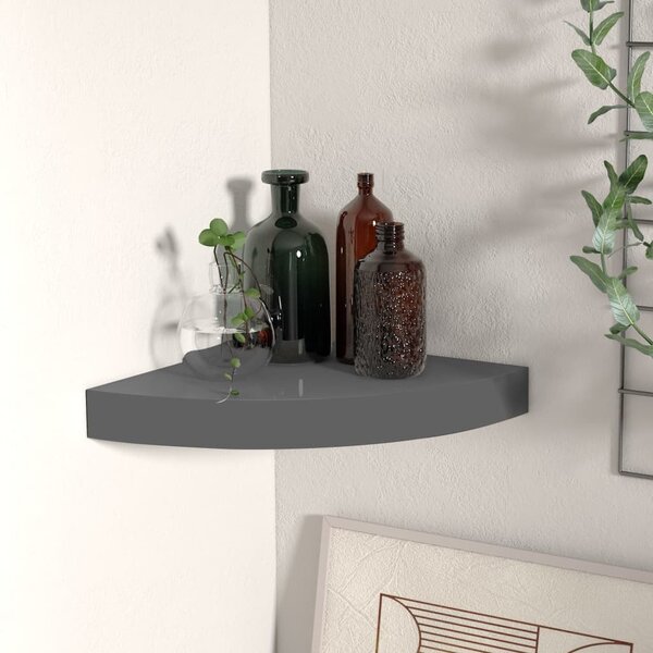 Magasfényű szürke MDF lebegő sarokpolc 25 x 25 x 3,8 cm