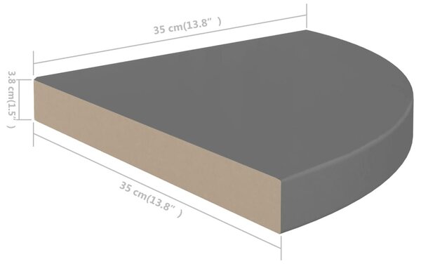 4 db magasfényű szürke MDF lebegő sarokpolc 35 x 35 x 3,8 cm