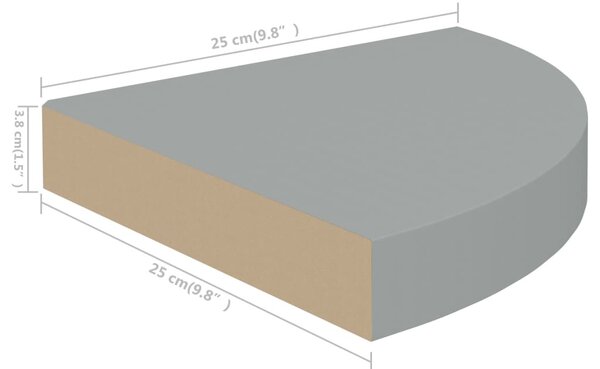 4 db szürke MDF lebegő sarokpolc 25 x 25 x 3,8 cm