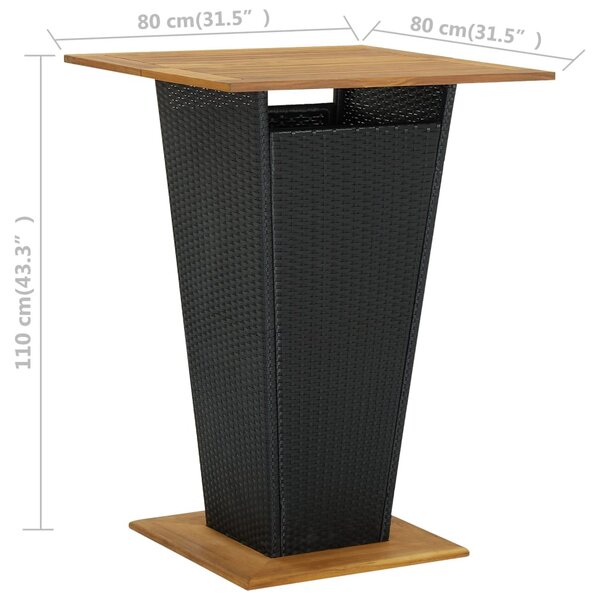 Fekete polyrattan és tömör akácfa bárasztal 80 x 80 x 110 cm