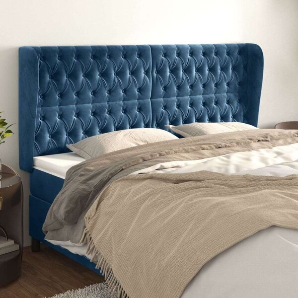 HomeElegance Bársony Fejtámla Szárnyakkal - Sötétkék - 203x23x118/128cm