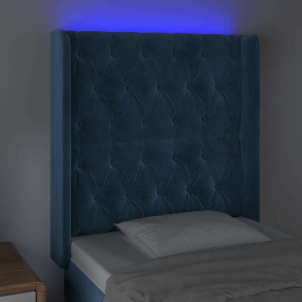 Sötétkék bársony led-es fejtámla 83x16x118/128 cm