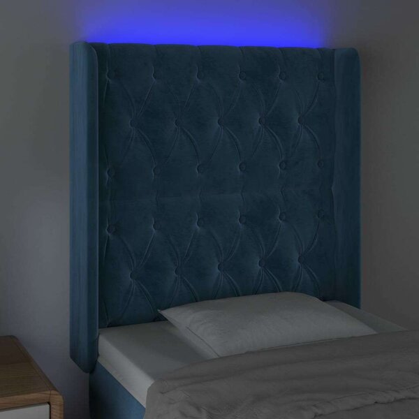 Sötétkék bársony led-es fejtámla 83x16x118/128 cm