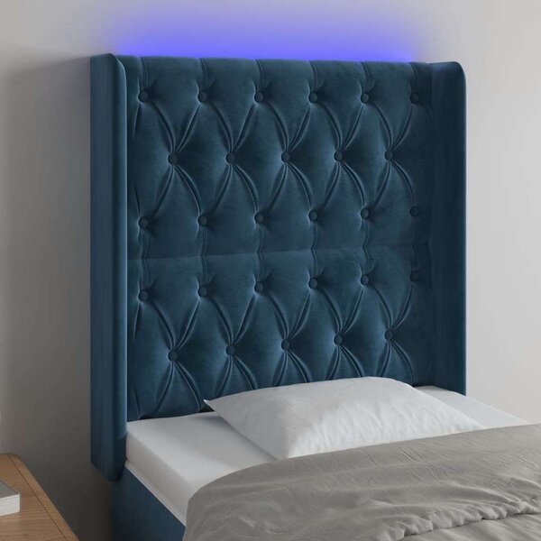 Sötétkék bársony led-es fejtámla 83x16x118/128 cm