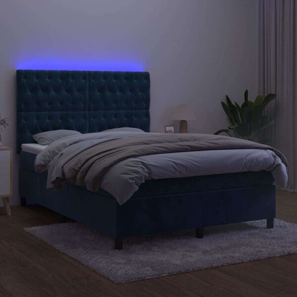VidaXL sötétkék bársony rugós és LED-es ágy matraccal 140x190 cm