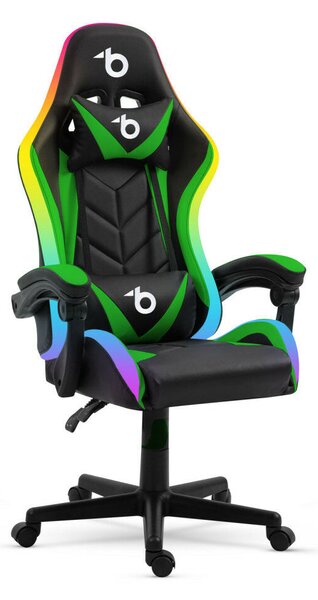 Sprinter RGB LED-es gamer szék - karfával, párnával - fekete / zöld - BMD1115GR - 110kg, állítható magasságú forgószék
