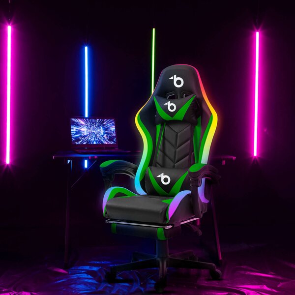Sprinter RGB LED-es gamer szék - karfával, párnával - fekete / zöld - BMD1115GR - 110kg, állítható magasságú forgószék