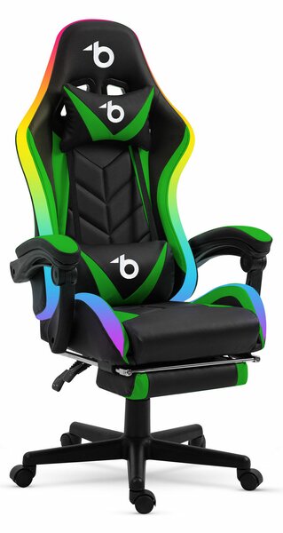 Sprinter RGB LED-es gamer szék - karfával, párnával - fekete / zöld - BMD1115GR - 110kg, állítható magasságú forgószék