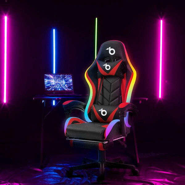 Sprinter BMD1115RD RGB LED-es gamer szék, karfával, párnával, fekete-piros , 110kg, állítható magasságú forgószék