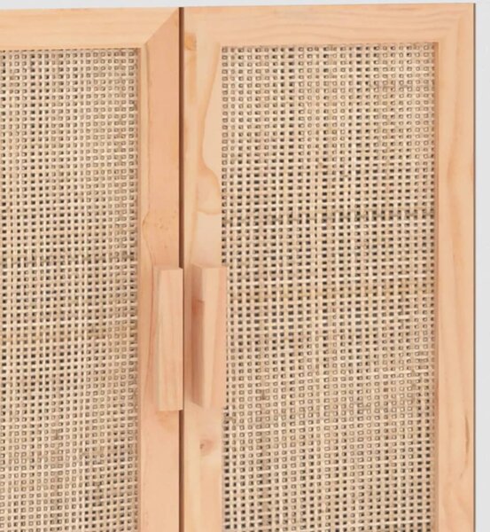 Fehér tömör fenyő/természetes rattan tálalószekrény 60x30x70 cm
