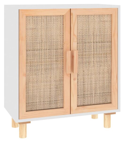 Fehér tömör fenyő/természetes rattan tálalószekrény 60x30x70 cm