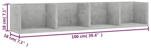 Betonszürke szerelt fa CD-tartó fali polc 100 x 18 x 18 cm