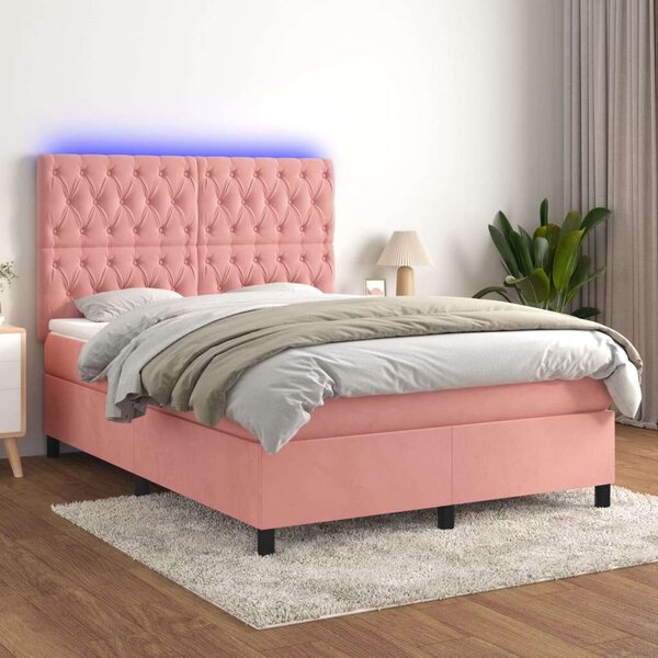 VidaXL rózsaszín bársony rugós és LED-es ágy matraccal 140x200 cm
