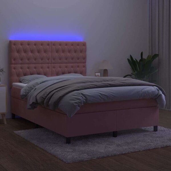 VidaXL rózsaszín bársony rugós és LED-es ágy matraccal 140x200 cm