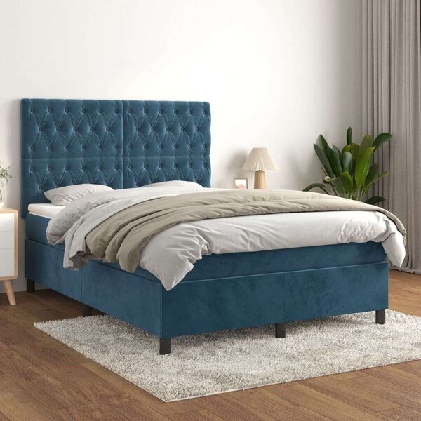 VidaXL sötétkék bársony rugós ágy matraccal 140x190 cm