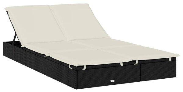 Kétszemélyes fekete polyrattan napozóágy párnákkal