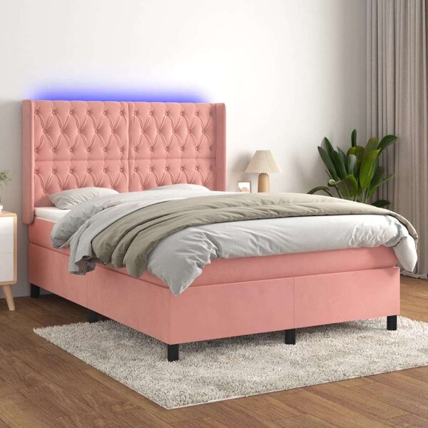 VidaXL rózsaszín bársony rugós és LED-es ágy matraccal 140x200 cm