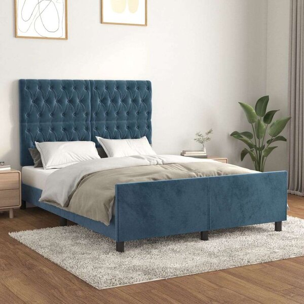 VidaXL sötétkék bársony ágykeret fejtámlával 140 x 190 cm