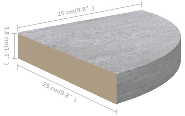 Betonszürke MDF fali sarokpolc 25 x 25 x 3,8 cm
