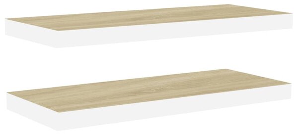 2 db tölgyszínű és fehér MDF lebegő fali polc 60x23,5x3,8 cm