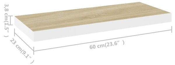 2 db tölgyszínű és fehér MDF lebegő fali polc 60x23,5x3,8 cm