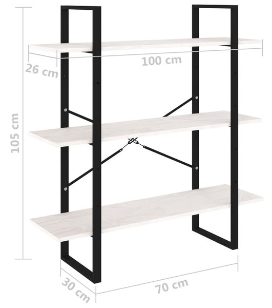 Háromszintes fehér tömör fenyőfa könyvszekrény 100x30x105 cm