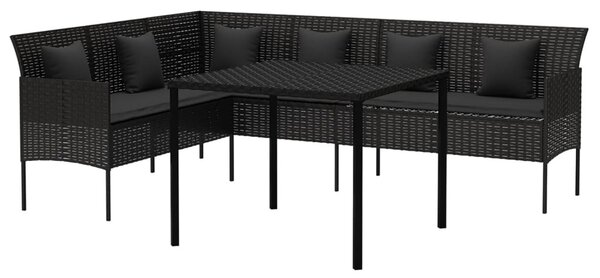 2 részes fekete polyrattan kerti étkezőgarnitúra párnával