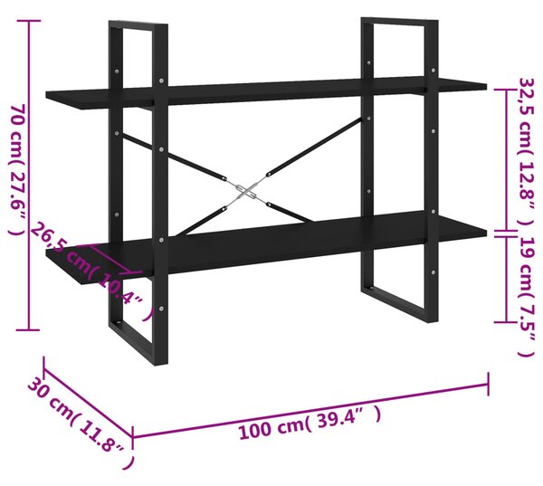 Kétszintes fekete szerelt fa könyvszekrény 100 x 30 x 70 cm