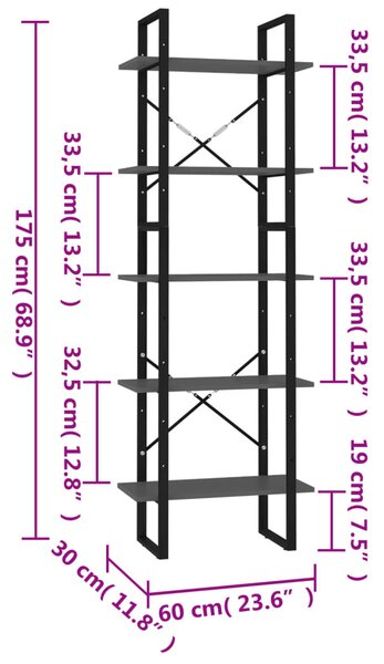 5 szintes szürke szerelt fa könyvszekrény 60 x 30 x 175 cm