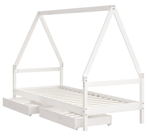 Fehér tömör fenyőfa gyerekágykeret fiókokkal 80 x 200 cm