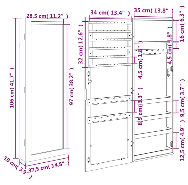Falra Szerelhető Ékszerszekrény - Tükörrel - Fekete - 106cm